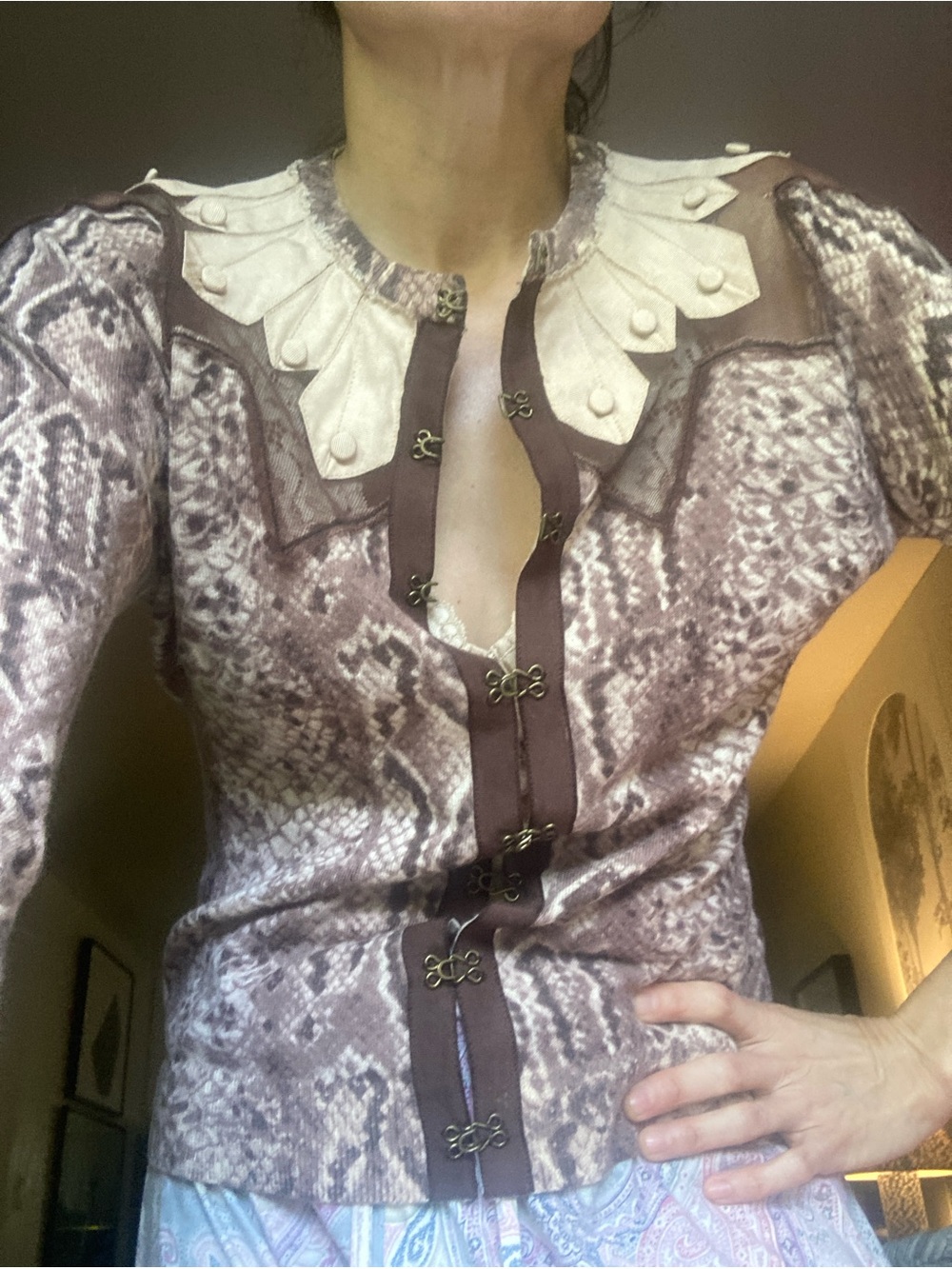 AS IS Gwen Stefani L.A.M.B. Cashmere Cardigan snakeskin Rock Star Details ribbon